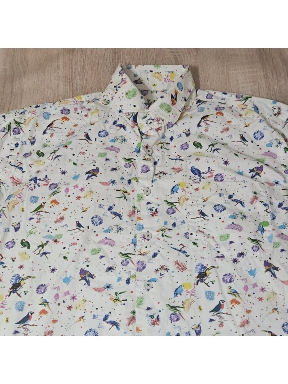 Alan Flusser Mens XXL Tropical Bird Cotton Short Sleeve Button Down Shirt